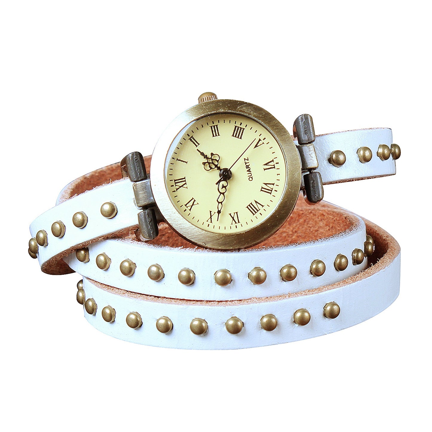 Fashionable Rivet Leather Belt Retro Watch Hand Chain-white Apparel & Jewelry