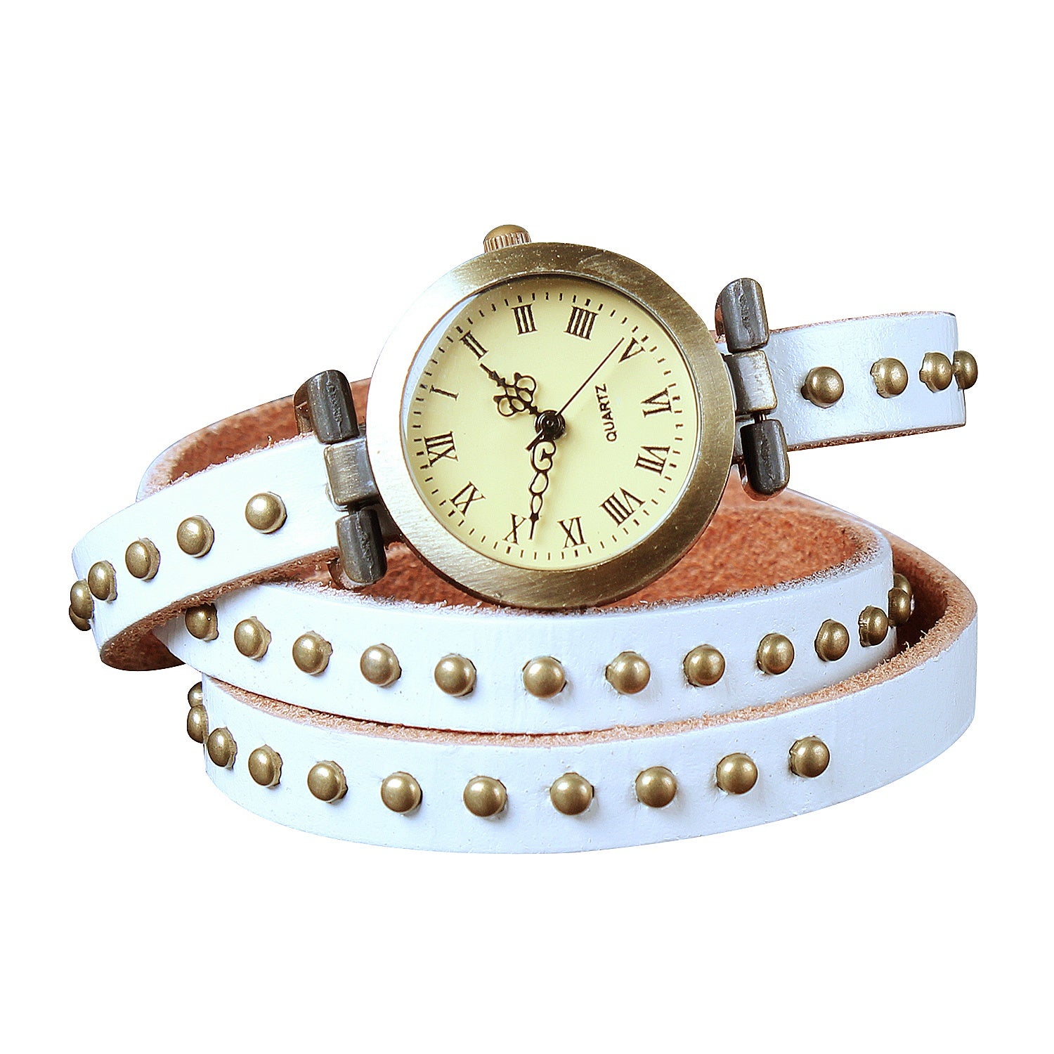 Fashionable Rivet Leather Belt Retro Watch Hand Chain-white Apparel & Jewelry