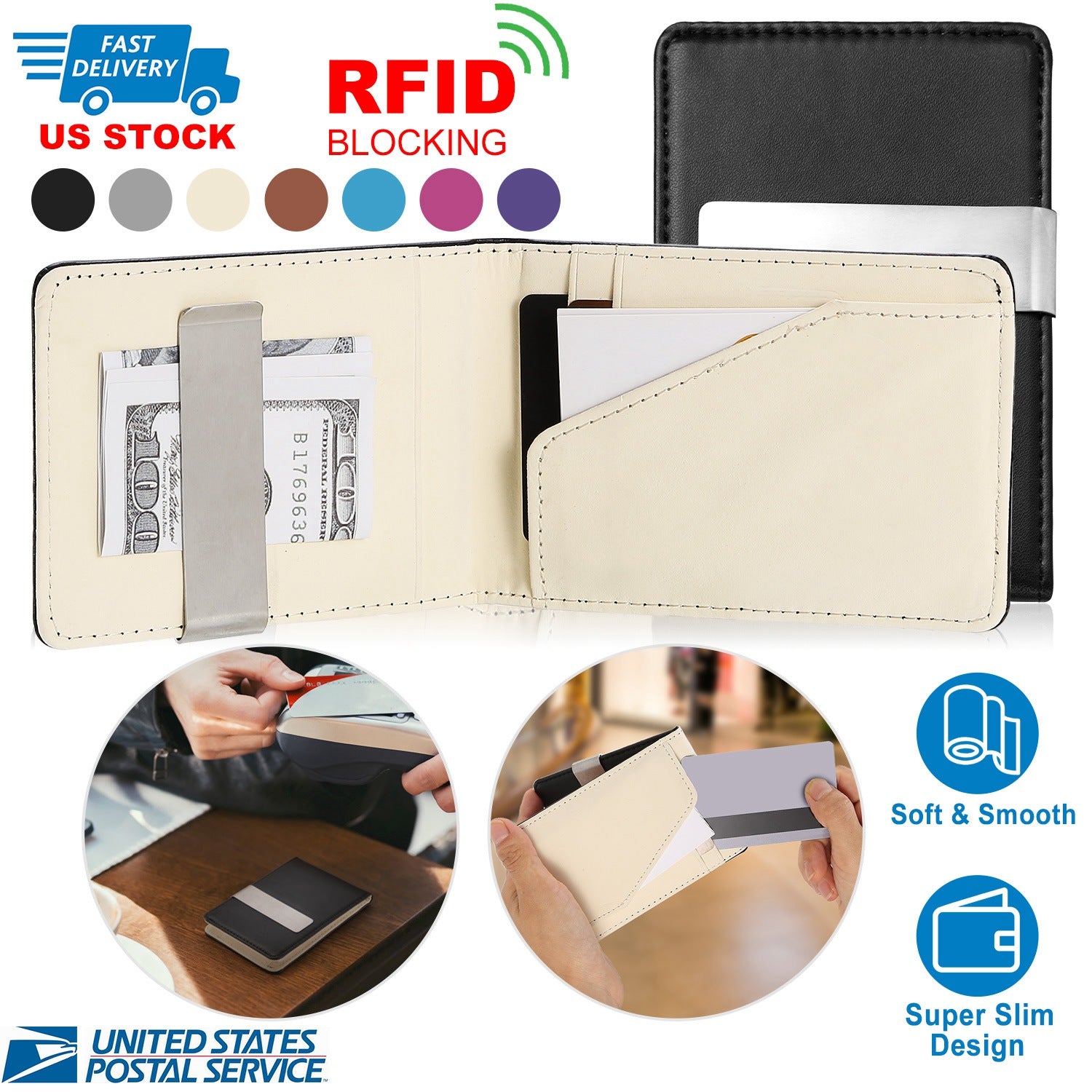 Unisex PU Leather Wallet RFID Blocking Slim Bifold Credit Card Holder with