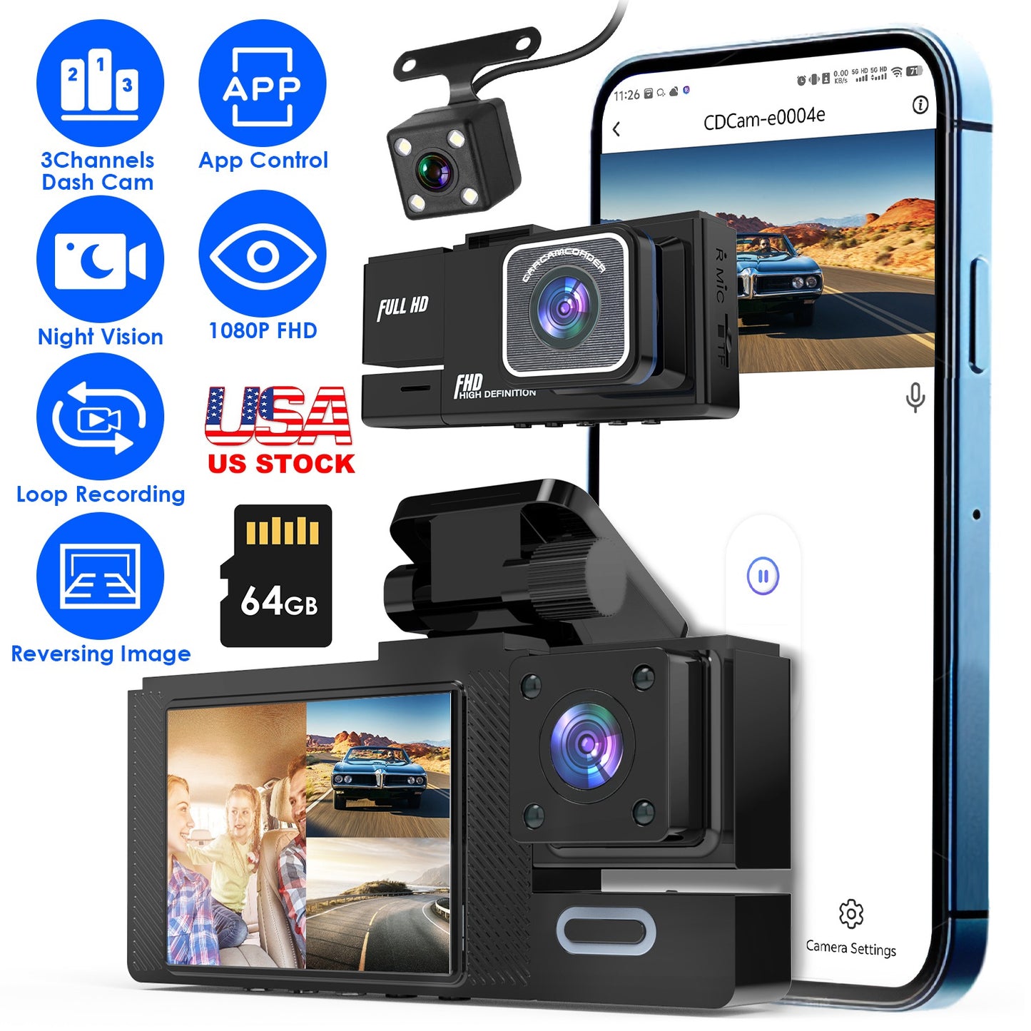 WiFi FHD 1080P Car Dash Cam 3 Channels Front Rear Inside Dash Camera with Loop