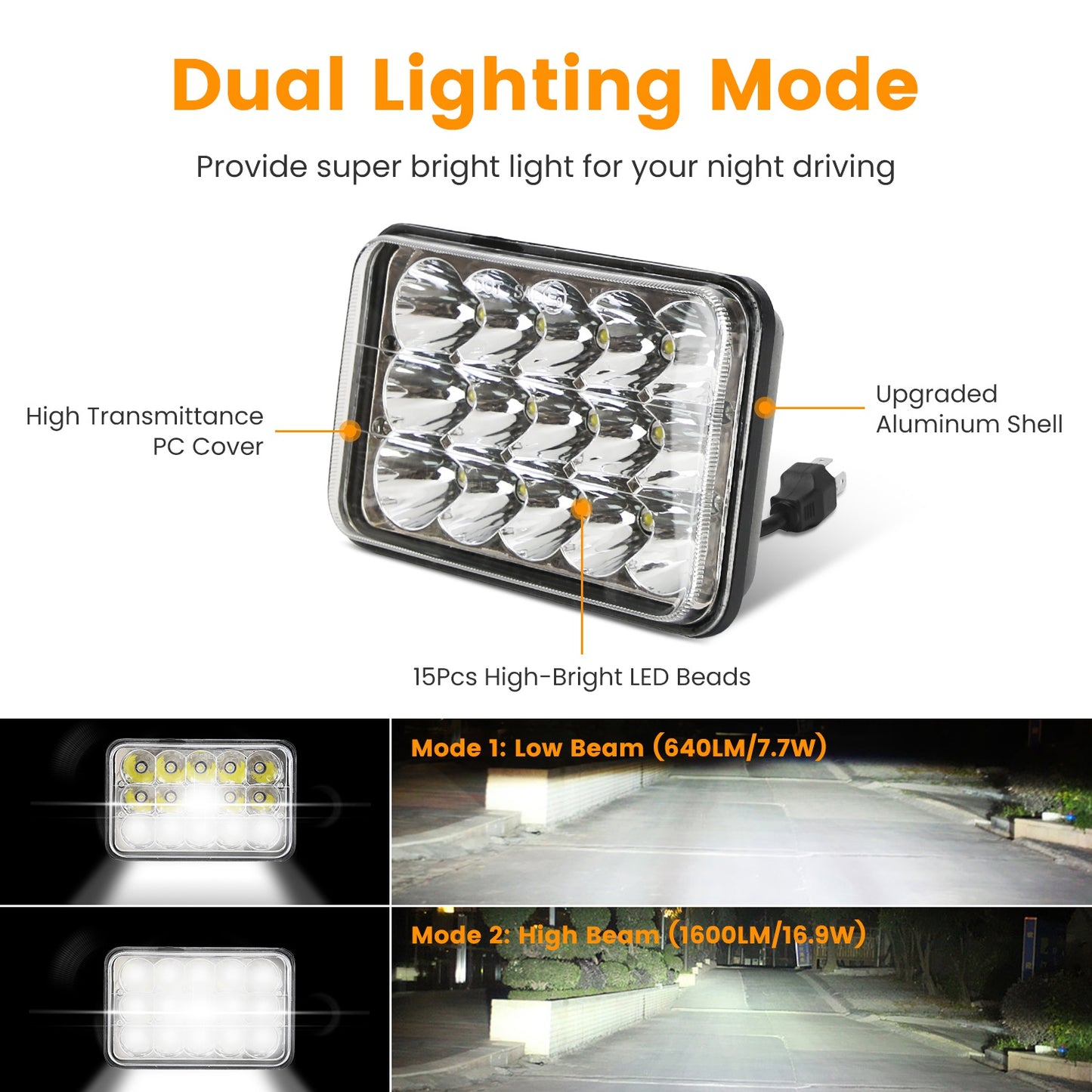 4x6in Car LED Headlights Vehicle Rectangular Headlamp with H4 Socket