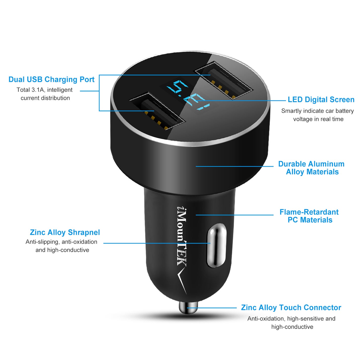 Universal 15W/3.1A Dual USB Car Charger Adapter Aluminum Alloy Fast Car