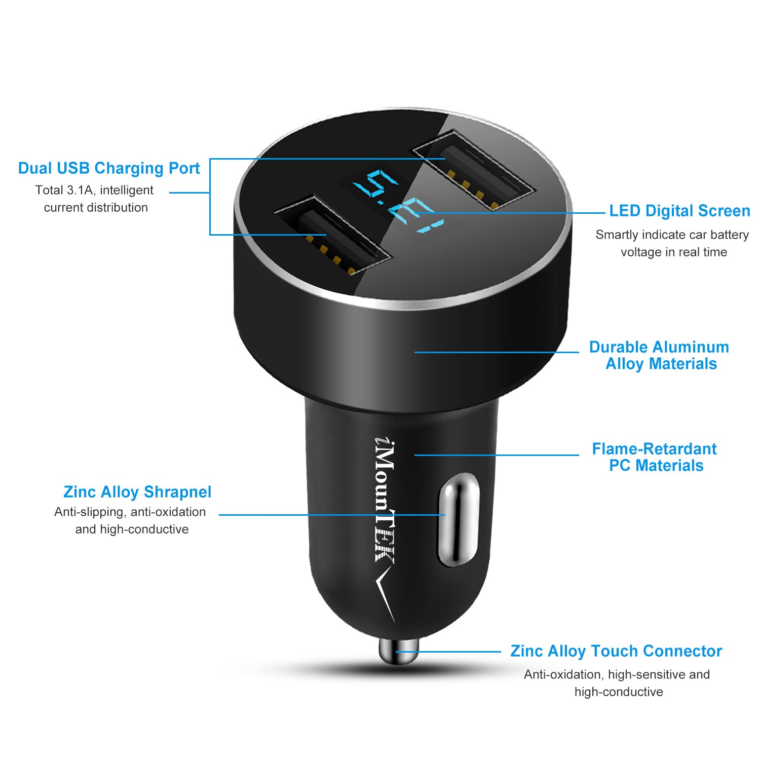 Universal 15W/3.1A Dual USB Car Charger Adapter Aluminum Alloy Fast Car