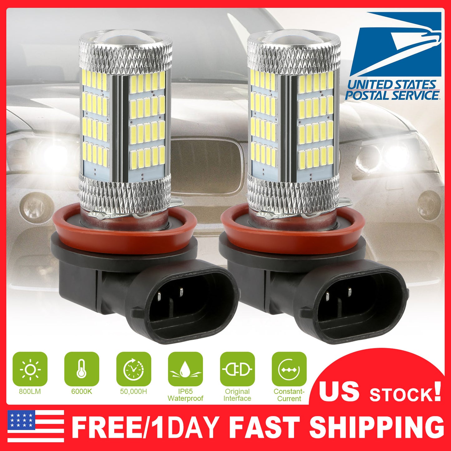 2PCS 800lm H8/H9/ H11 LED Fog DRL Light Bulb IP65 Water-Resistant 360° Beam