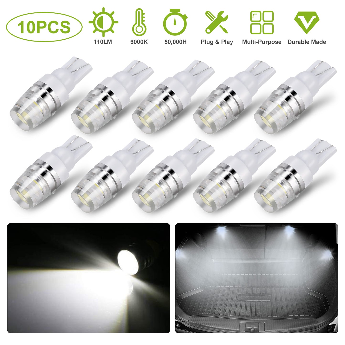 10PCS T10 LED Bulbs 194 LED Lights 12V 1W 5730 Xenon White Wedge Base LED