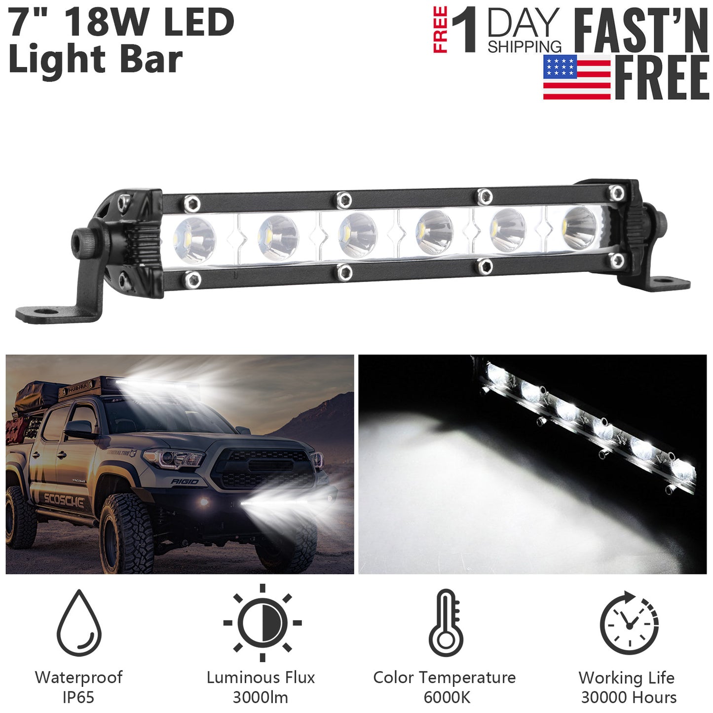 7" LED Light Bar Single Row Offroad Spot Lights 18W Ultra Slim Straight Work