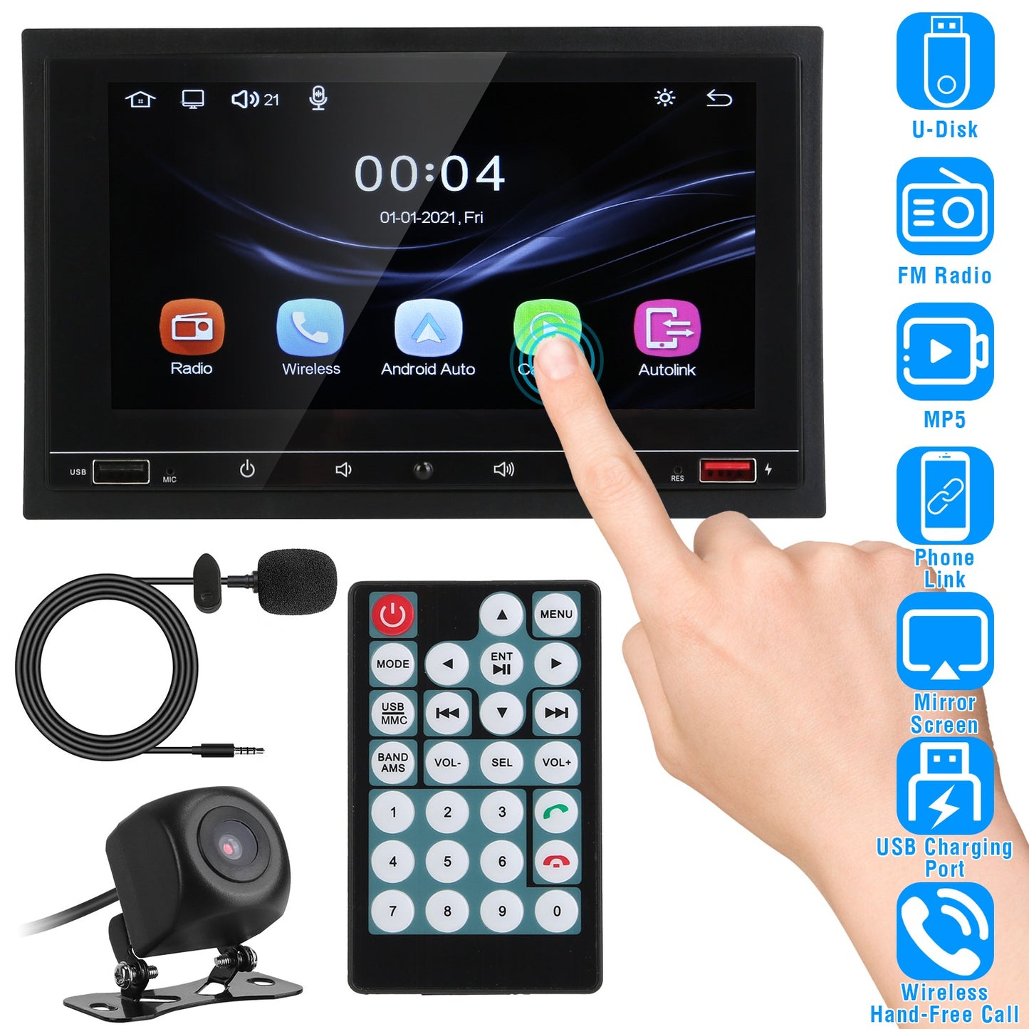 7In Universal Wireless Car MP5 Player 1080P Video Player Stereo Audio FM Radio