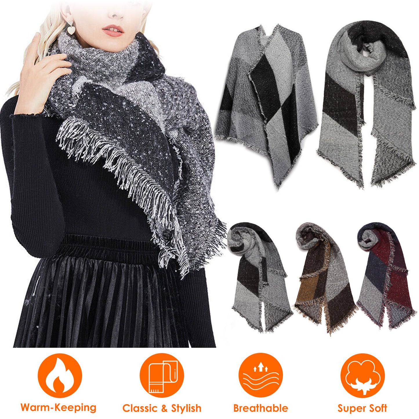 Women Winter Warm Scarf 74.8x25.6In Long Soft Knitted Shawl Extra Thick Plaid