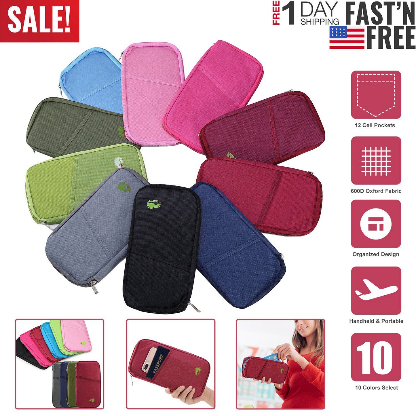 Travel Passport Wallet 12Cells Ticket ID Credit Card Holder Water Repellent