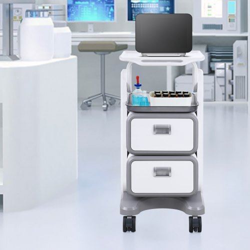 3 Tiers Lab Carts Mobile Medical Cart with 2 Drawers & 1 Top Tray White Trolley