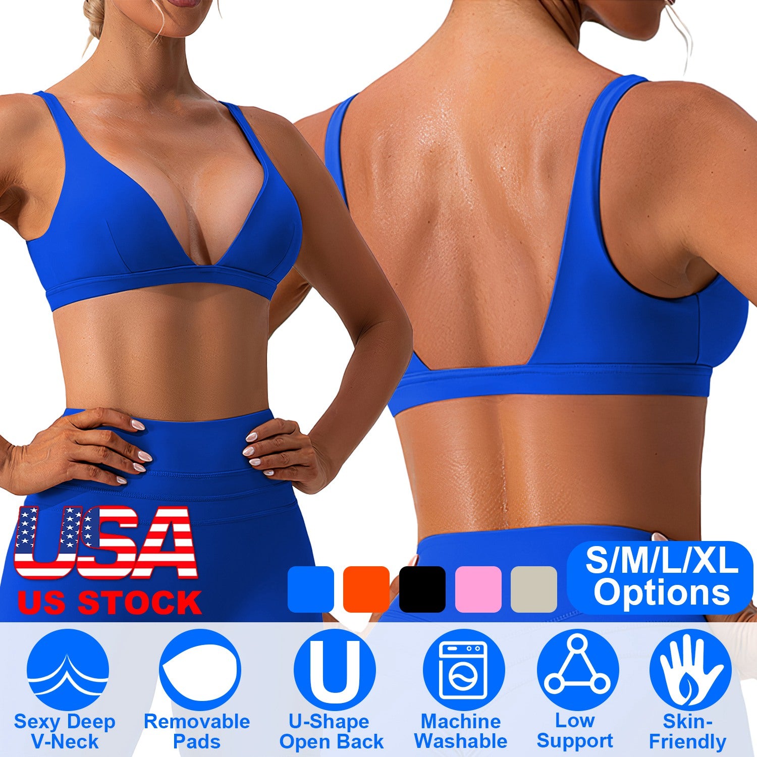 Women Deep V-Neck Sports Bras U-Shaped Back Sport Bras Padded Strappy Crop Open
