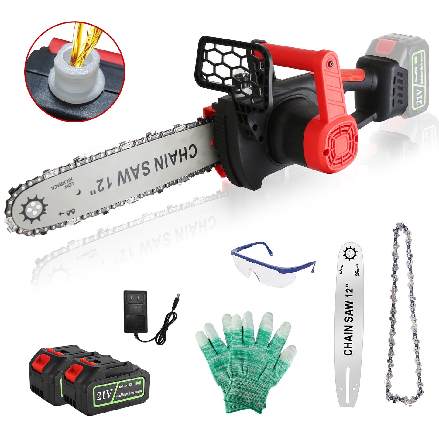 12Inch Electric Cordless Chainsaw With 2Pcs 21V 3.0Ah Battery and Charger