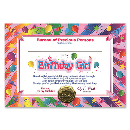 Beistle Birthday Girl Award Certificates | Party Supply | Decoration