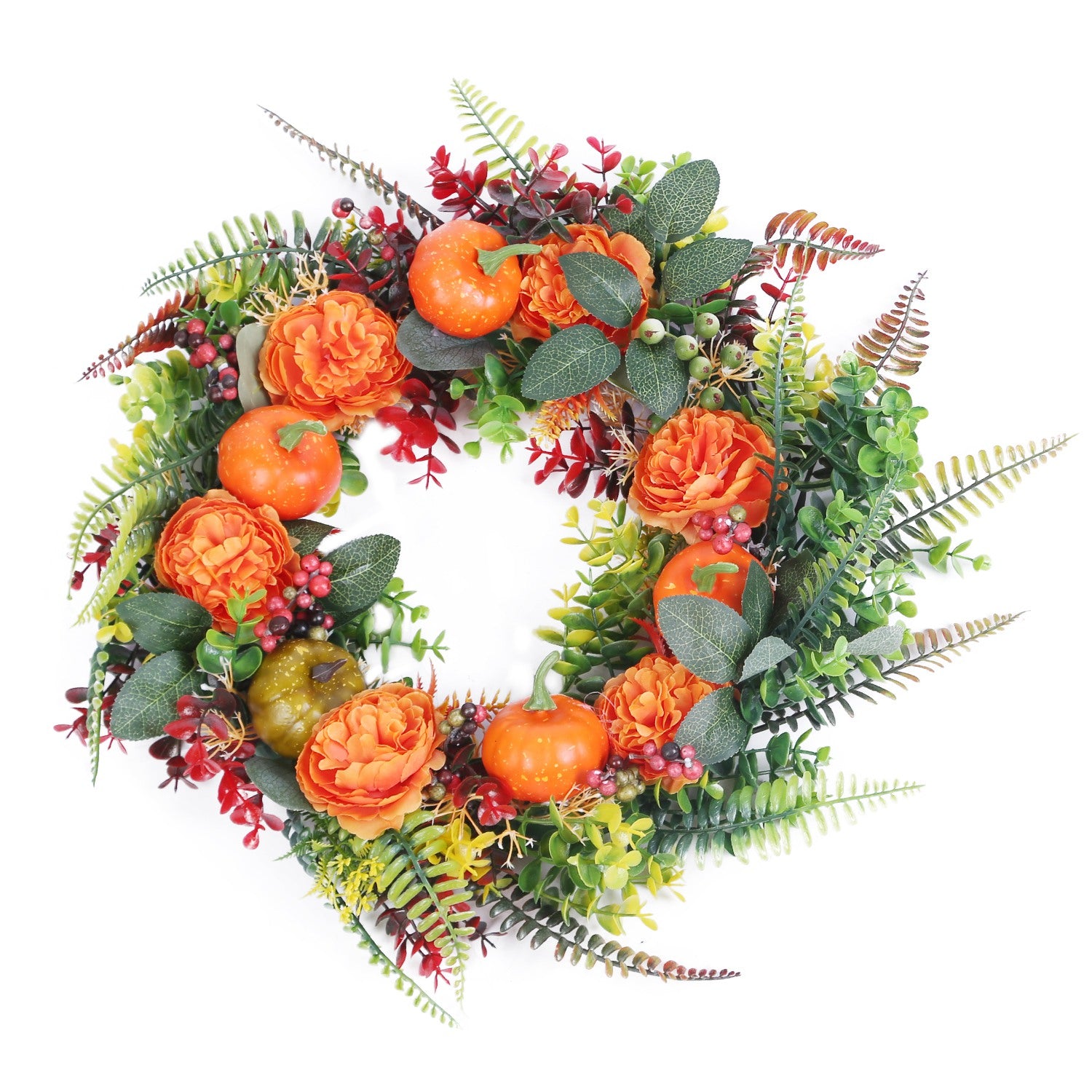 17.71IN Autumn Wreath with Pumpkin Mixed Leaves Berries Flowers Fall Decoration