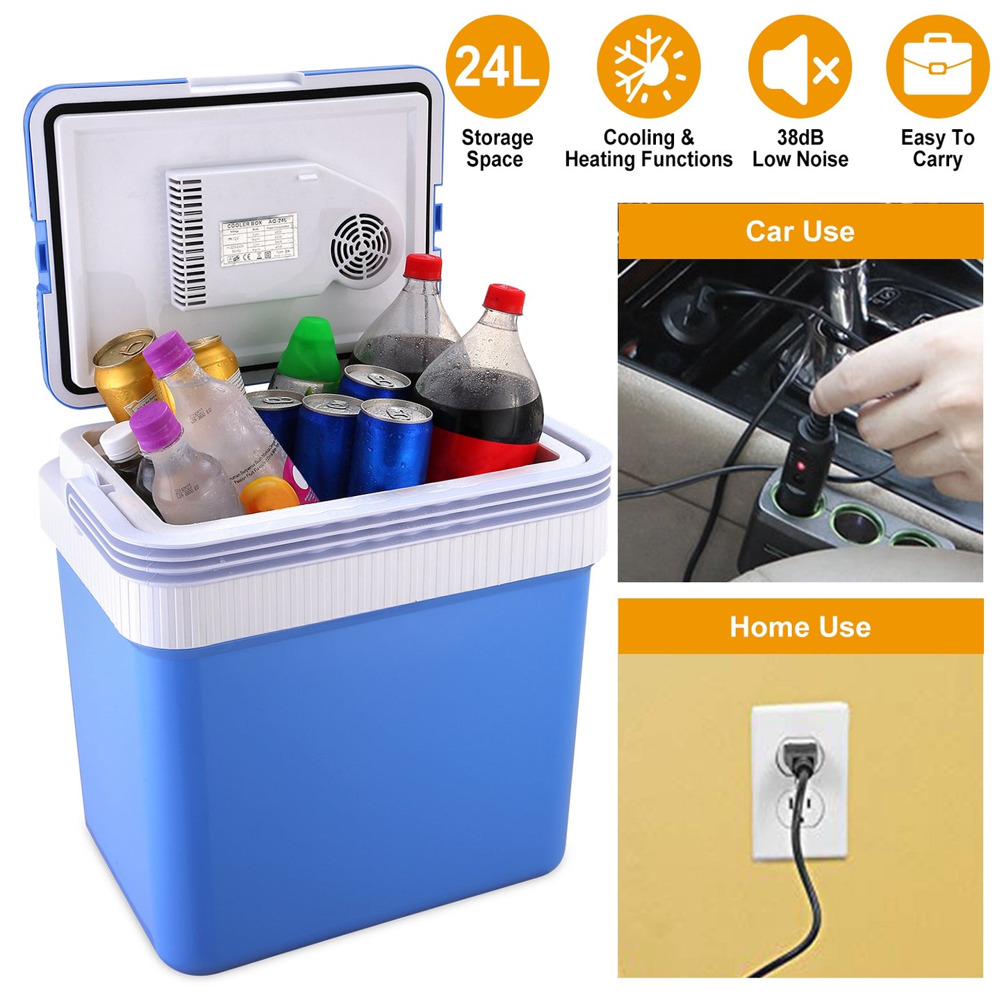 24L Portable Car Cooler 12V Car Refrigerator Travel Cooling Warmer Fridge Box