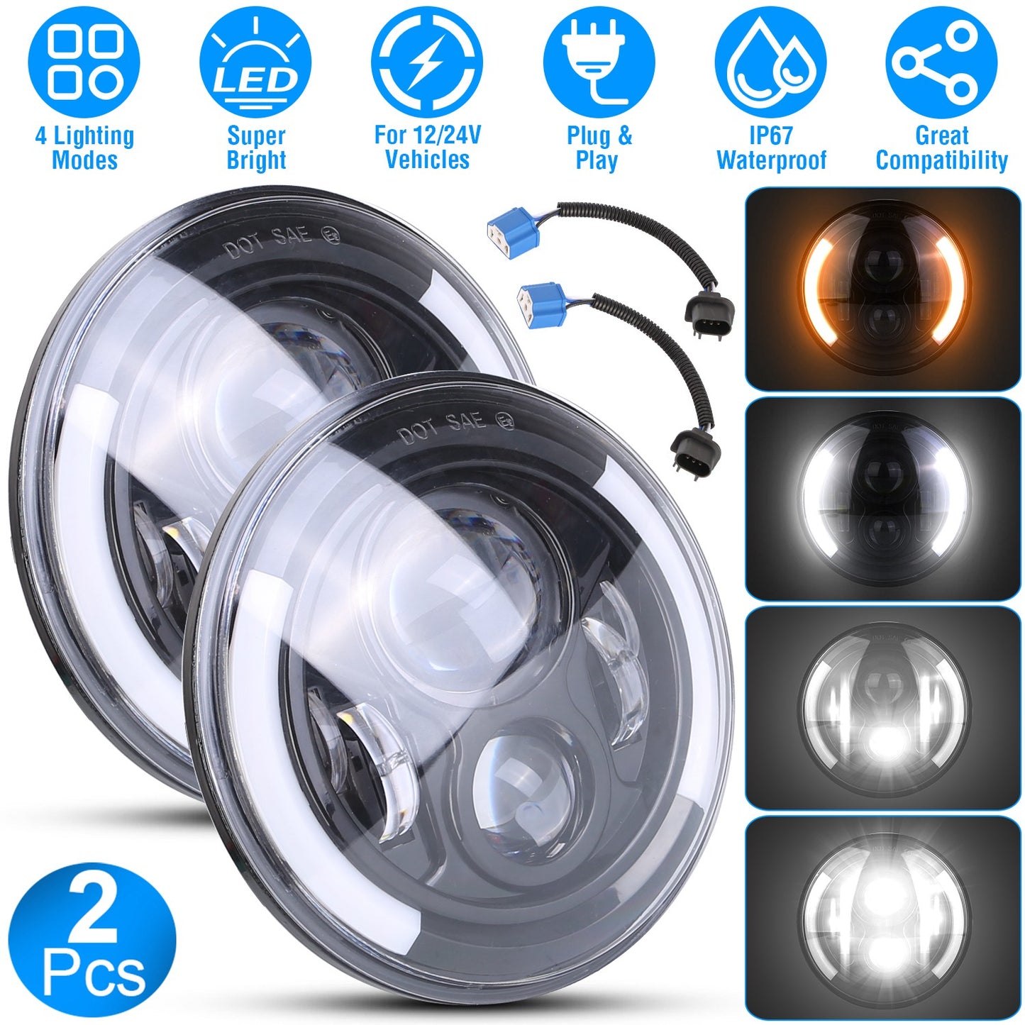 2Pcs 7In 40W Round LED Headlights 3800LM Halo Car Headlamp with DRL Turn Light