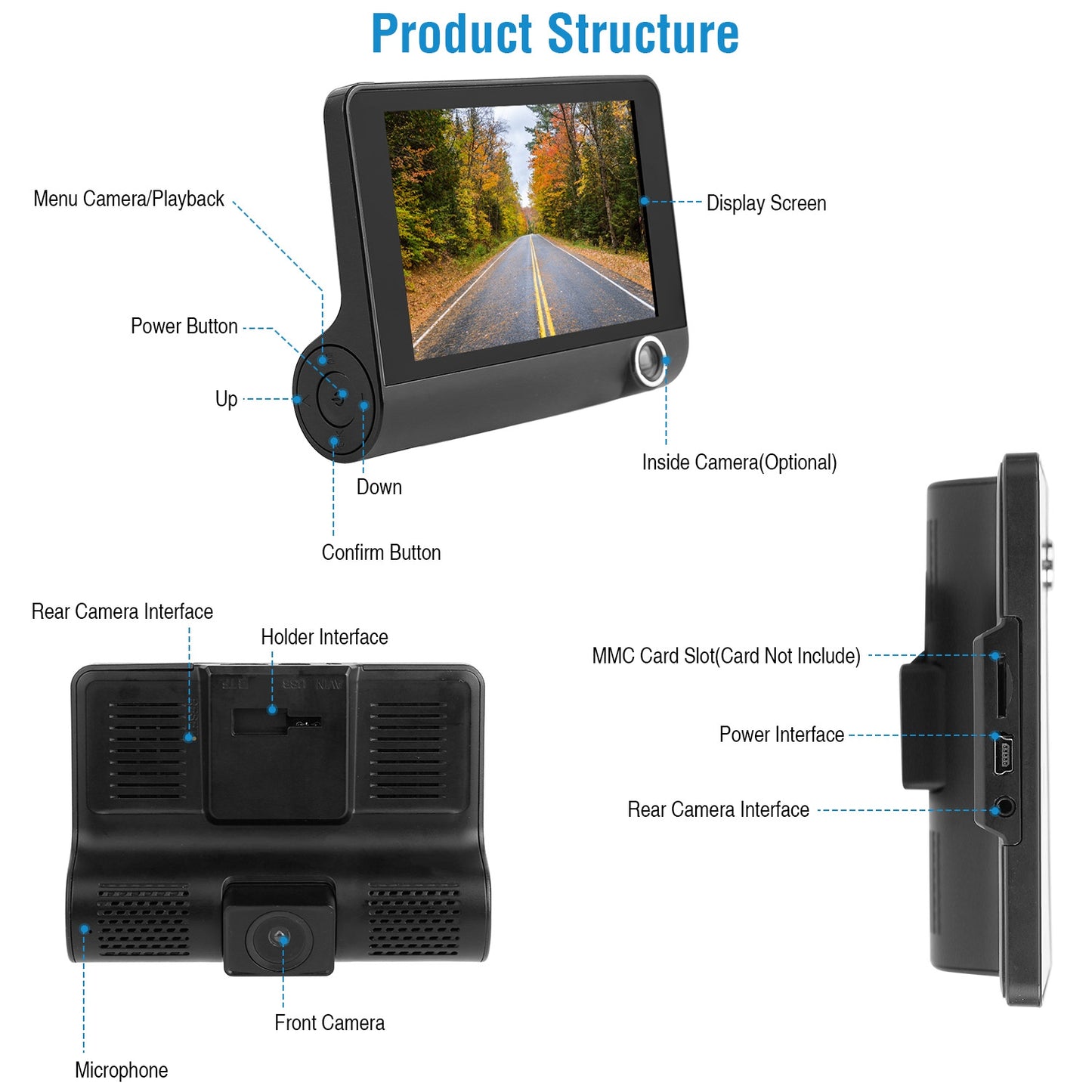 1296P Car DVR Dash Camera 4In 3 Lens Vehicle Driving Recorder Seamless
