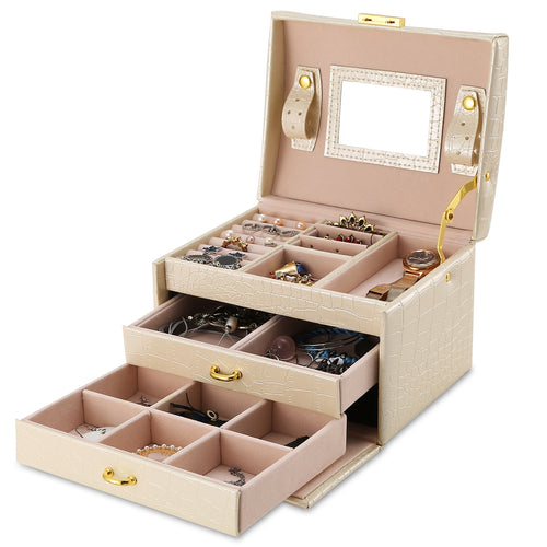 Jewelry Case Organizer 3-layer Lockable Travel Jewelry Box PU Leather Storage