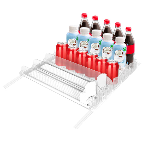 Drink Organizer for Fridge Spring Loaded Beverage Dispenser Width Adjustable