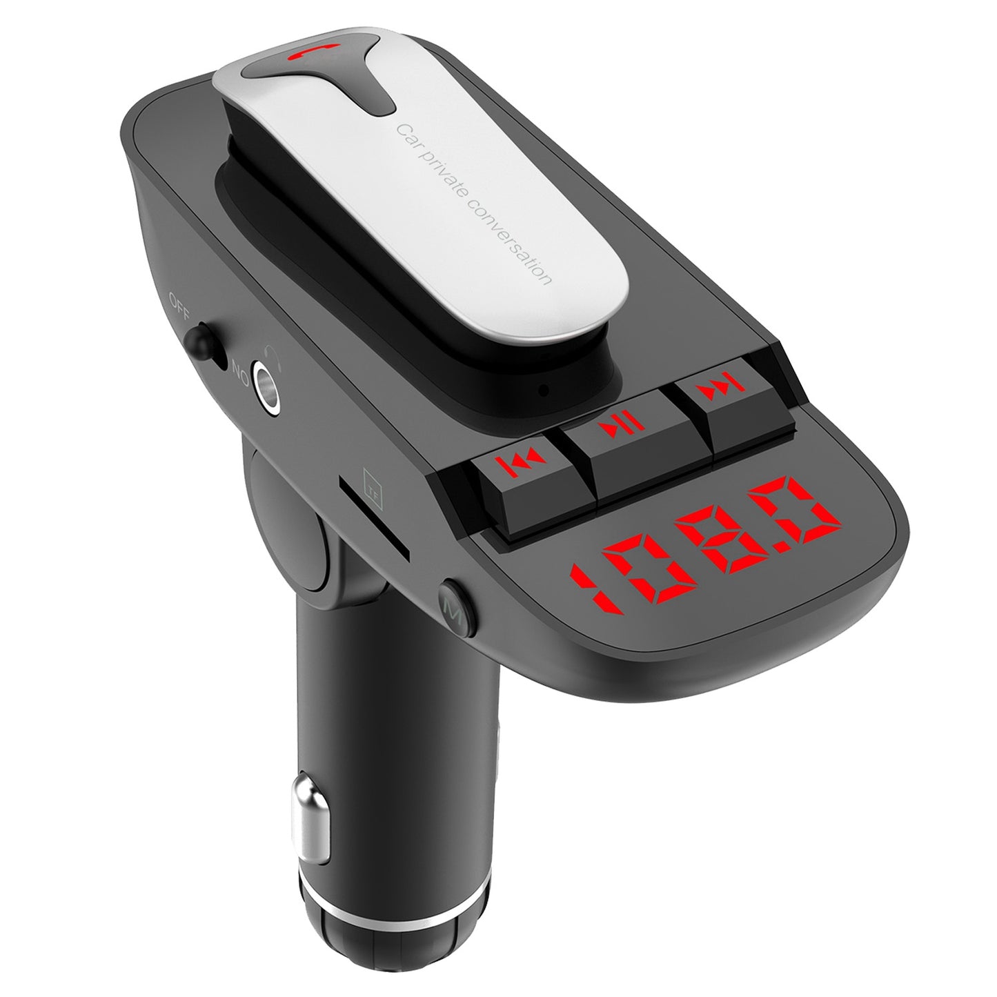 Car FM Transmitter w/ Wireless Earpiece 2 USB Charge Ports Hands-free Call MP3