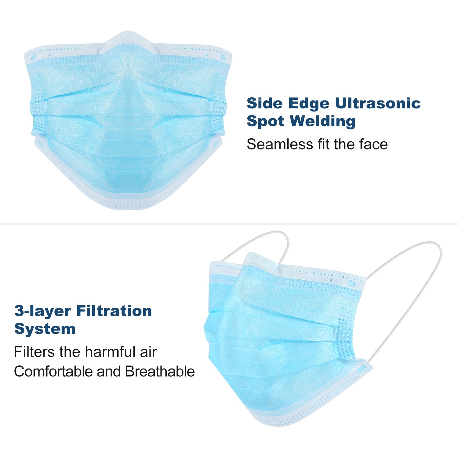 50Pcs 3-Layers Disposable Face Masks Elastic Earloop 95% Melt-Blown Filter