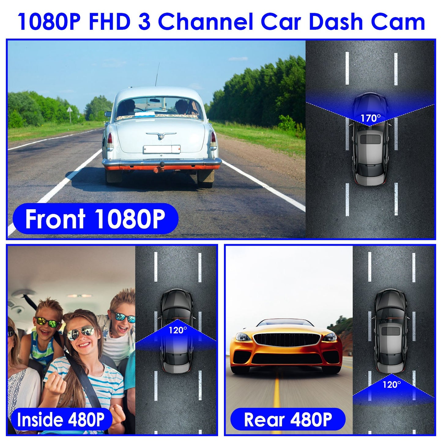 1080P FHD 3 Channel WiFi Dash Cam 170° Wide Angle Triple Car Camera With IR