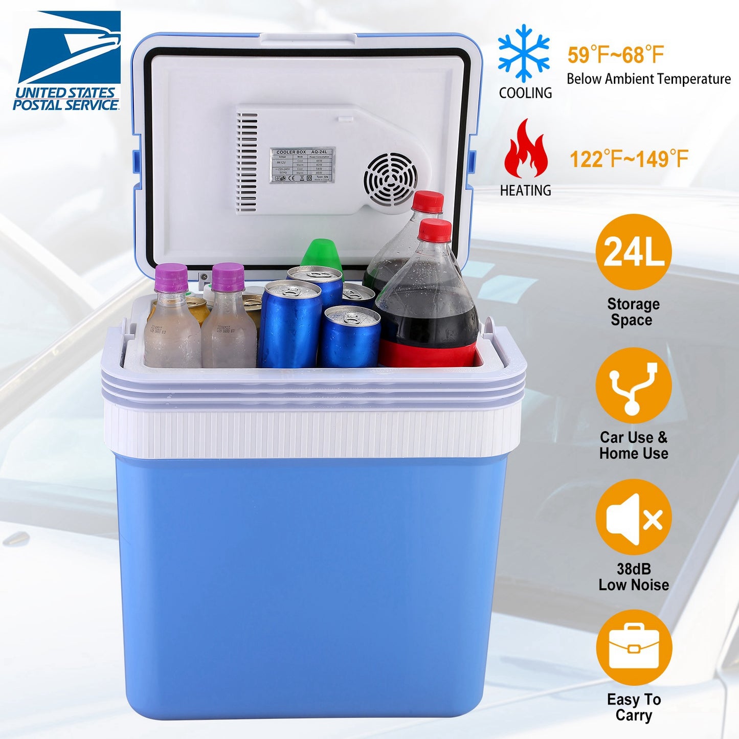24L Portable Car Cooler 12V Car Refrigerator Travel Cooling Warmer Fridge Box
