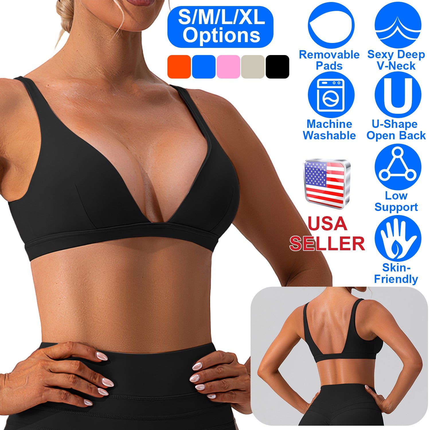 Women Deep V-Neck Sports Bras U-Shaped Back Sport Bras Padded Strappy Crop Open