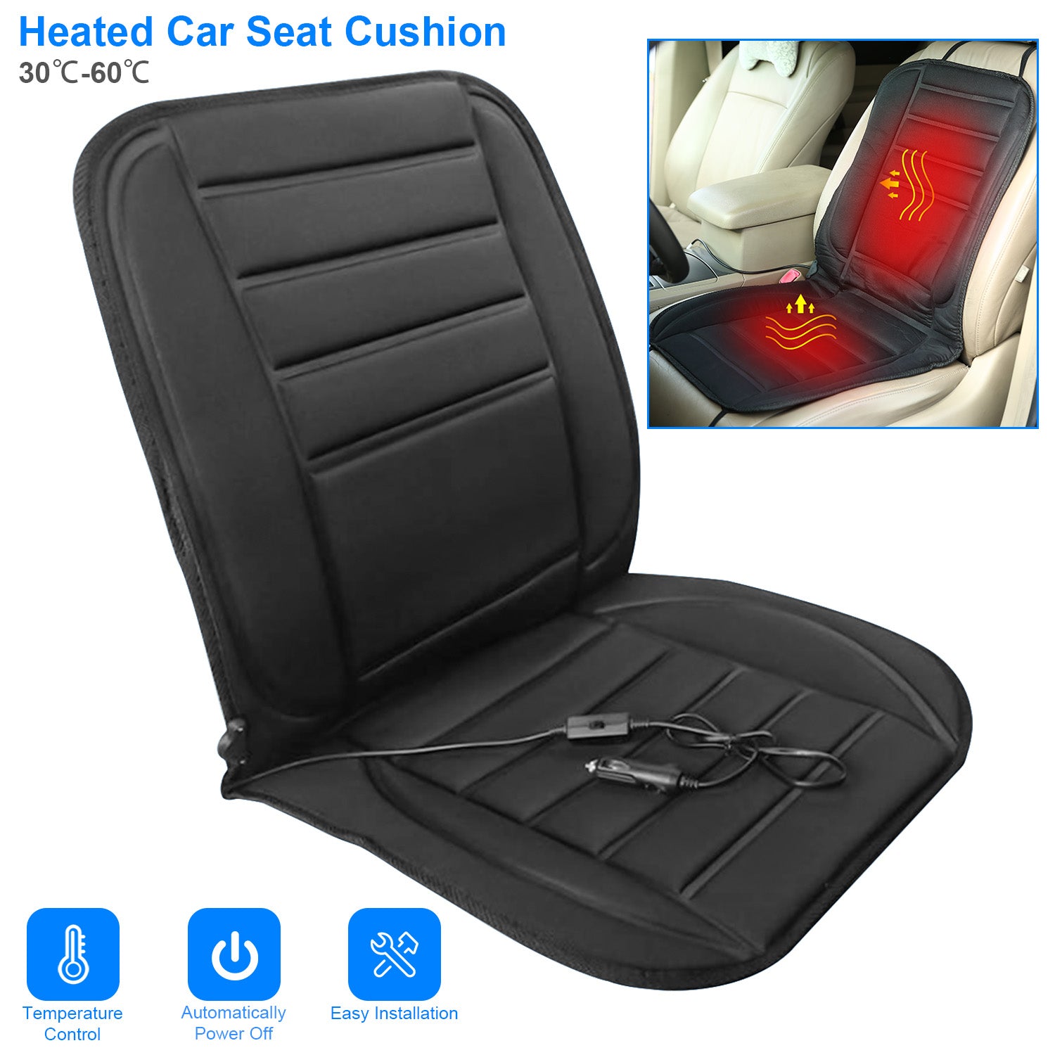 Heated Car Seat Cushion 12V Auto Seat Cover Warmer with Adjustable Temperature