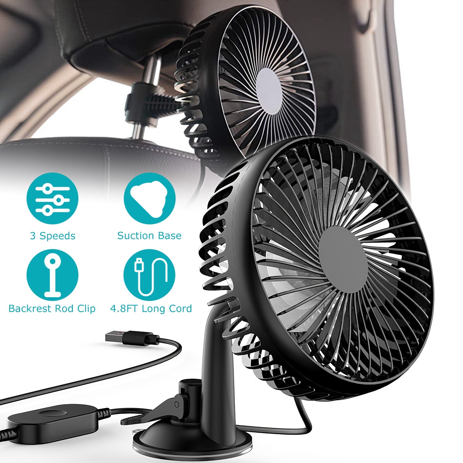 Car Cooling Fan Portable Rotatable USB Vehicle Fan Backseat Clip Fan Dashboard