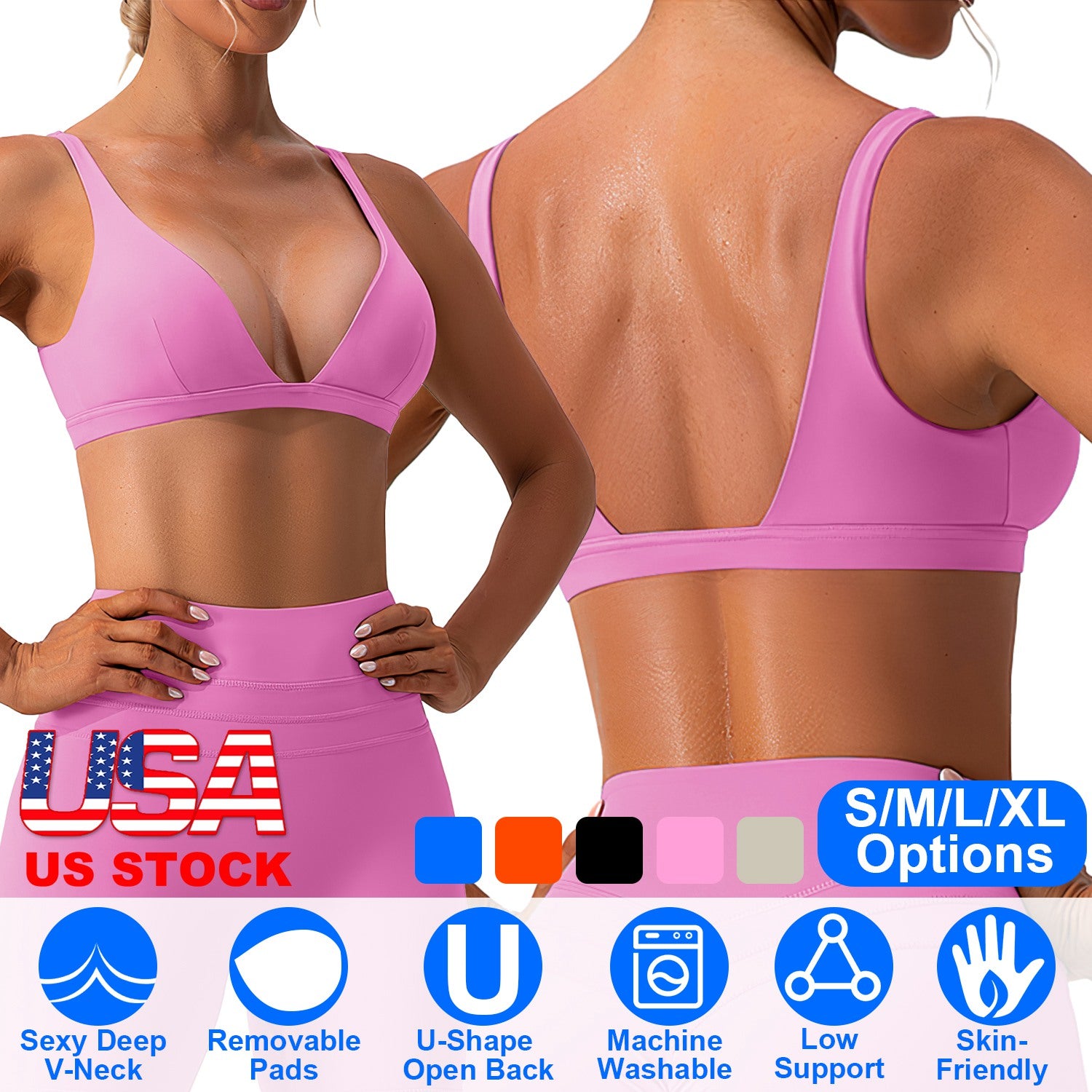 Women Deep V-Neck Sports Bras U-Shaped Back Sport Bras Padded Strappy Crop Open