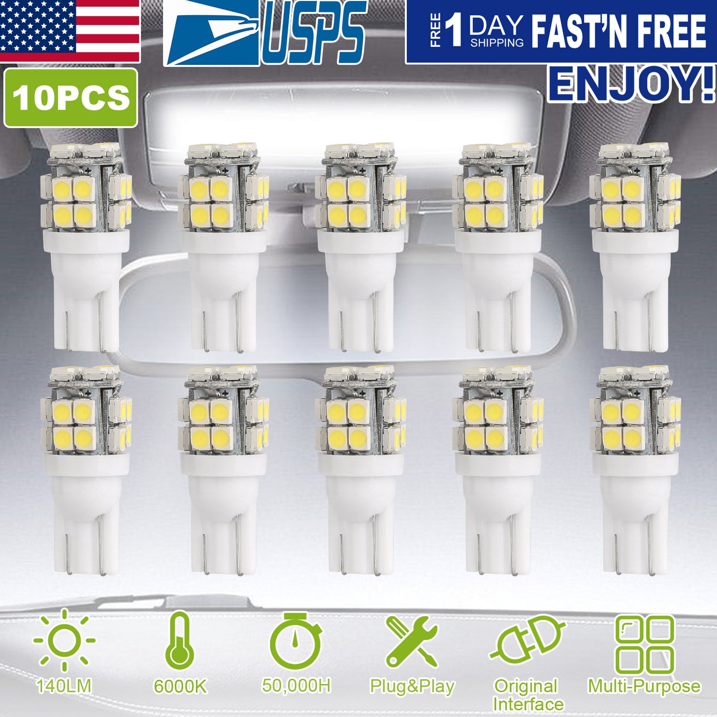 10Pcs 12V T10 LED Light Bulb Wedge Base Interior Dome Map LED Lights License