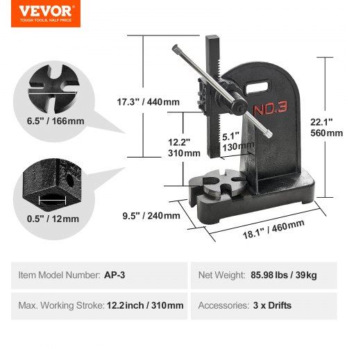 Arbor Press 3 Ton Manual Arbor Press 12.2" Maximum Height Cast Iron Heavy-dut