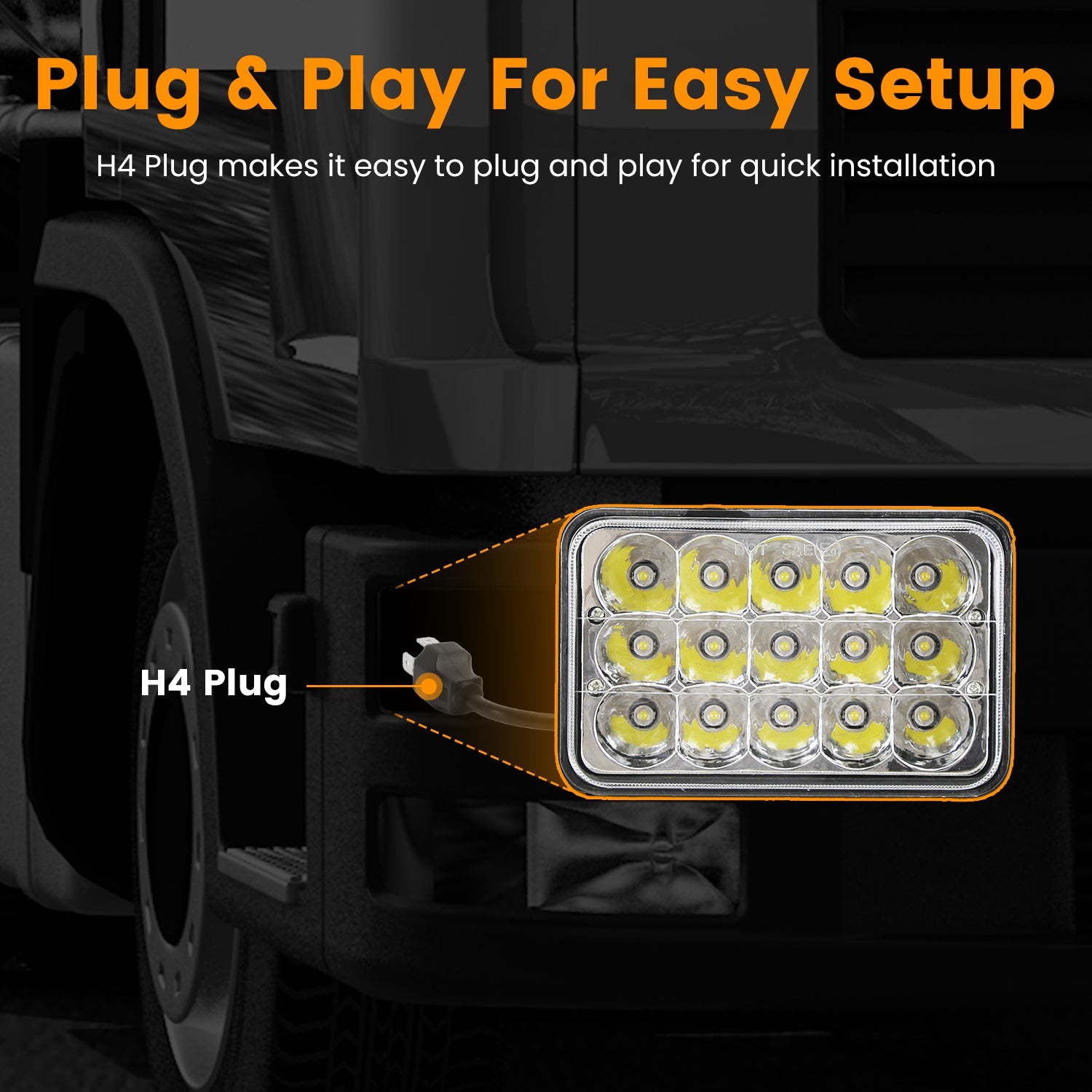 4x6in Car LED Headlights Vehicle Rectangular Headlamp with H4 Socket