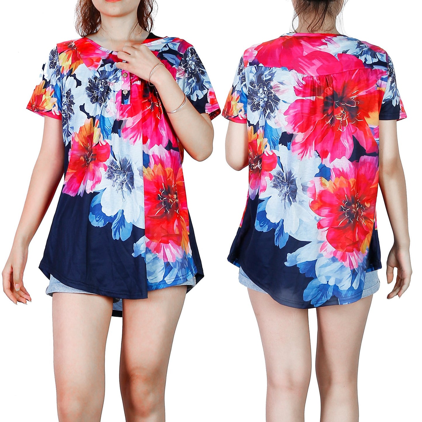 Women Summer Shirts Tops Loose Short Sleeve T Shirts Casual Floral Printed