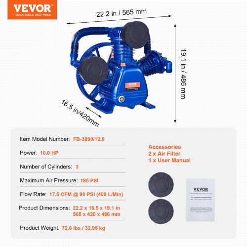 Air Compressor Pump Head 10HP 17.5CFM @ 90PSI 3-Cylinder Piston Pump Head