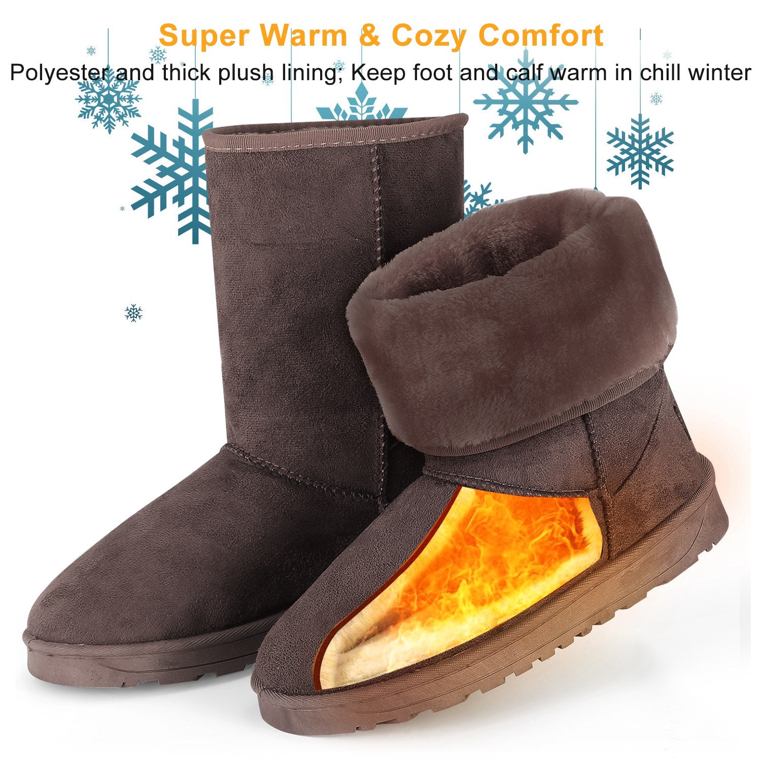 Women Ladies Snow Boots Waterproof Faux Suede Mid-Calf Boots Fur Warm Lining