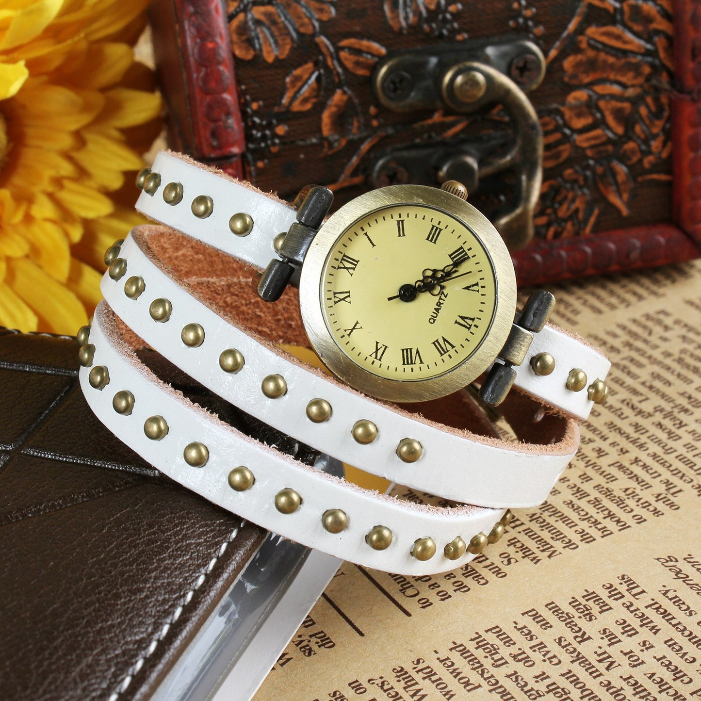 Fashionable Rivet Leather Belt Retro Watch Hand Chain-white Apparel & Jewelry