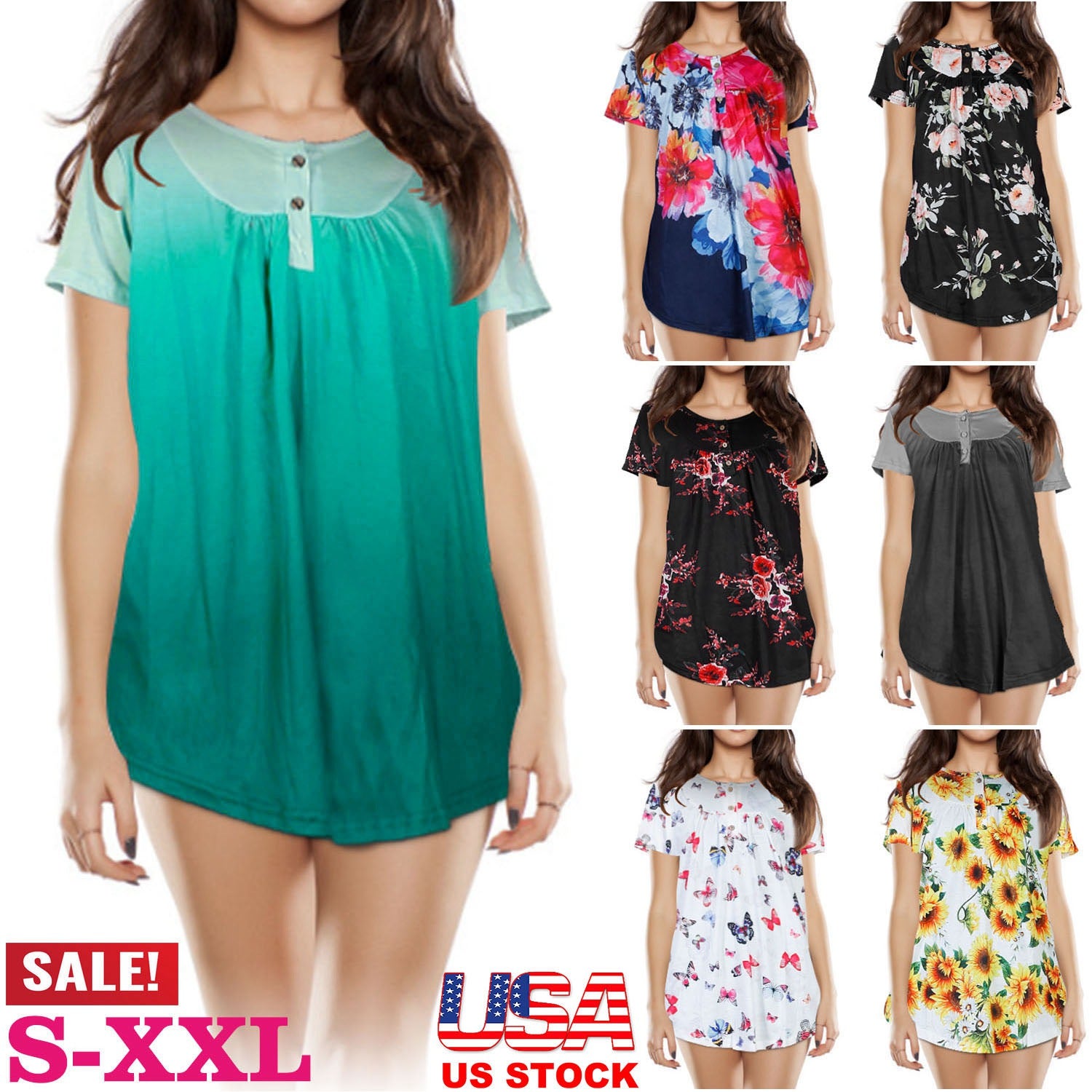 Women Summer Shirts Tops Loose Short Sleeve T Shirts Casual Floral Printed