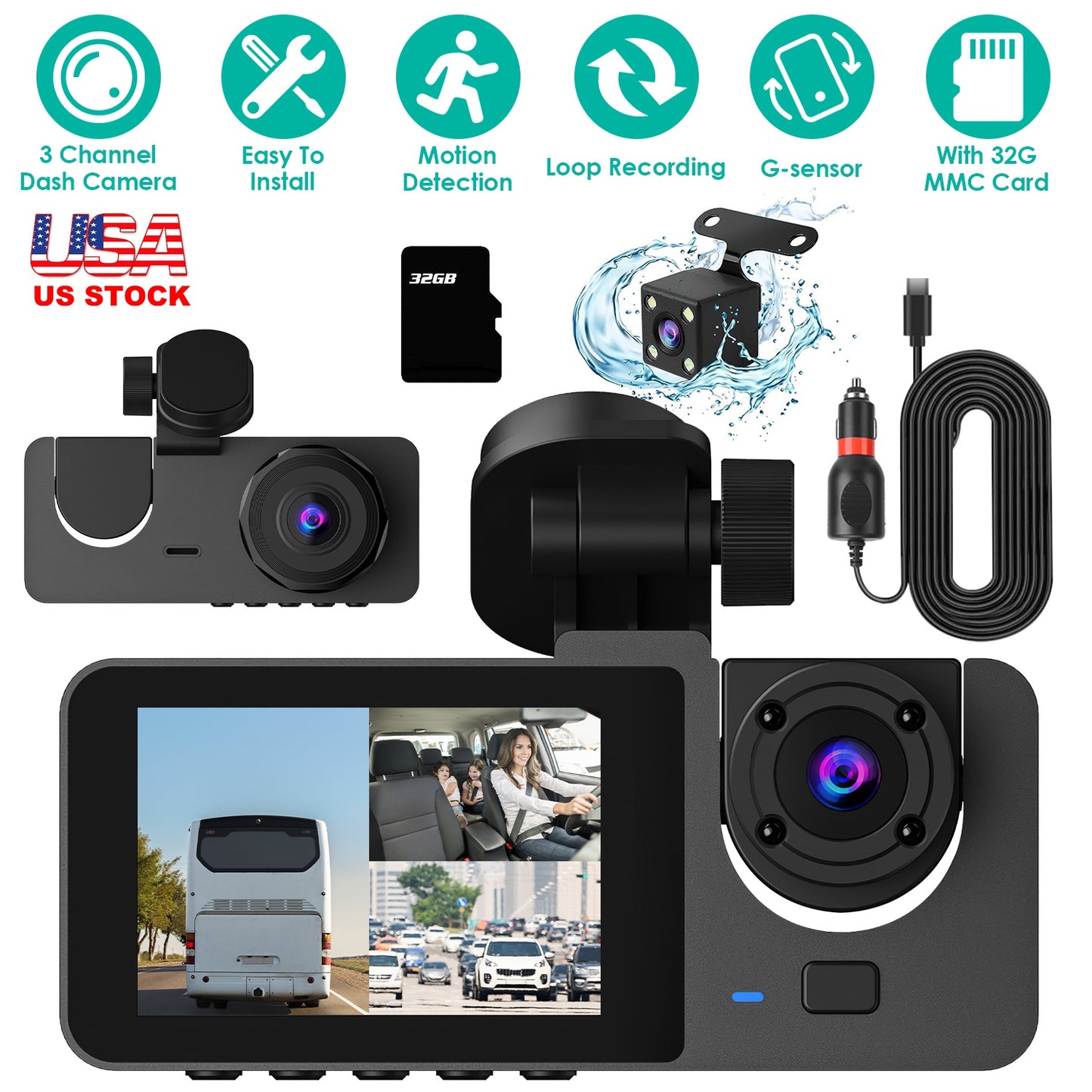 3 Channel Dash Cam Front Inside Rear Vehicle Driving Recorder Car DVR with 32G