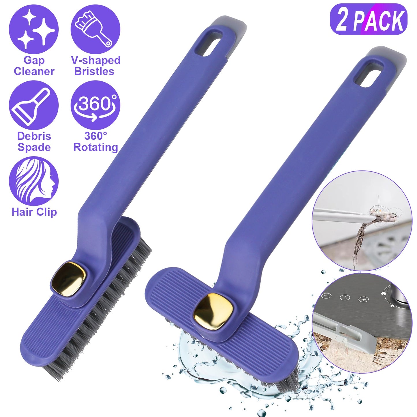 2 Pack Multi-Function Rotating Crevice Cleaning Brush Stiff Bristle Brush Gap
