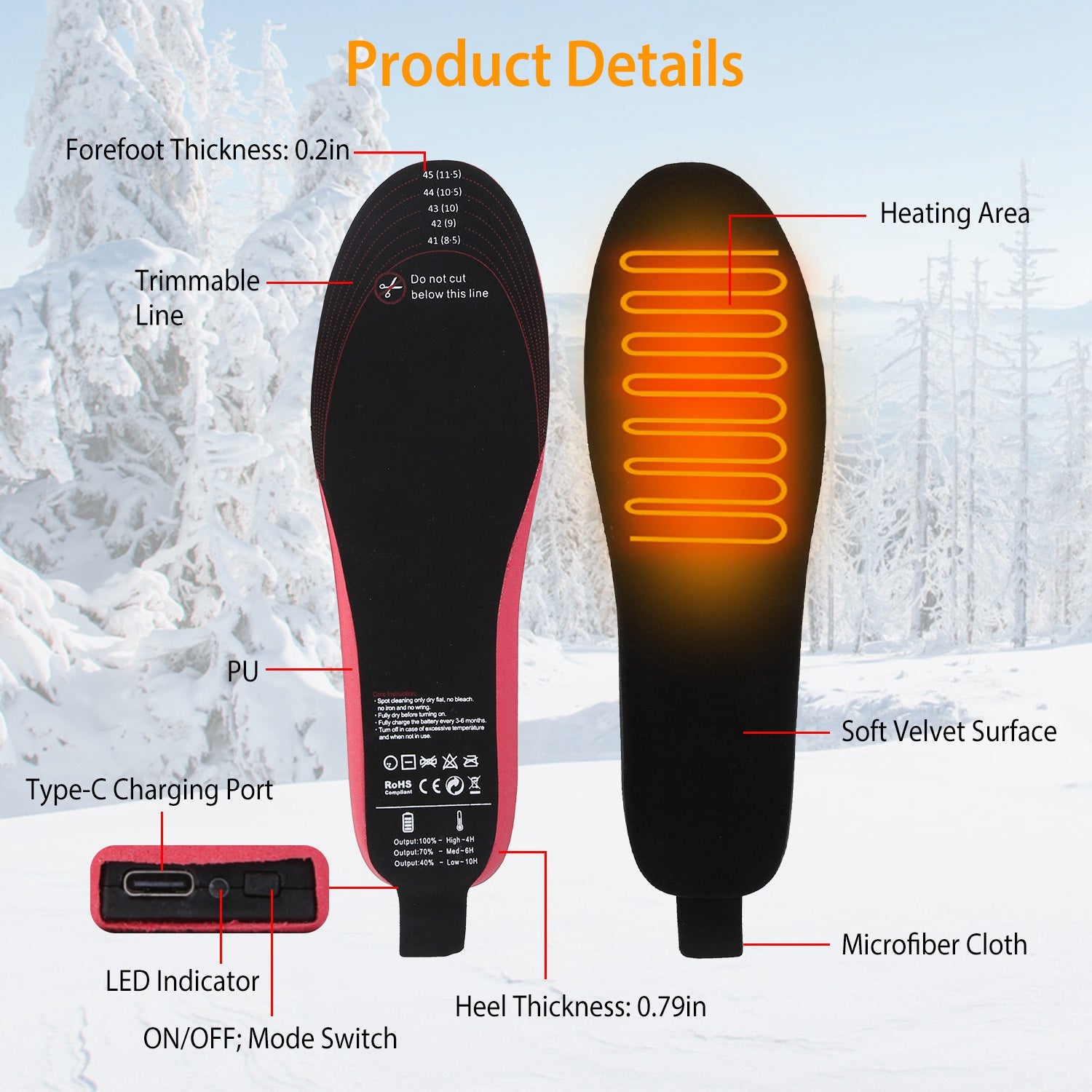 Heated Insoles Electric Heated Foot Warmer 3000mAh Rechargeable Battery Powered