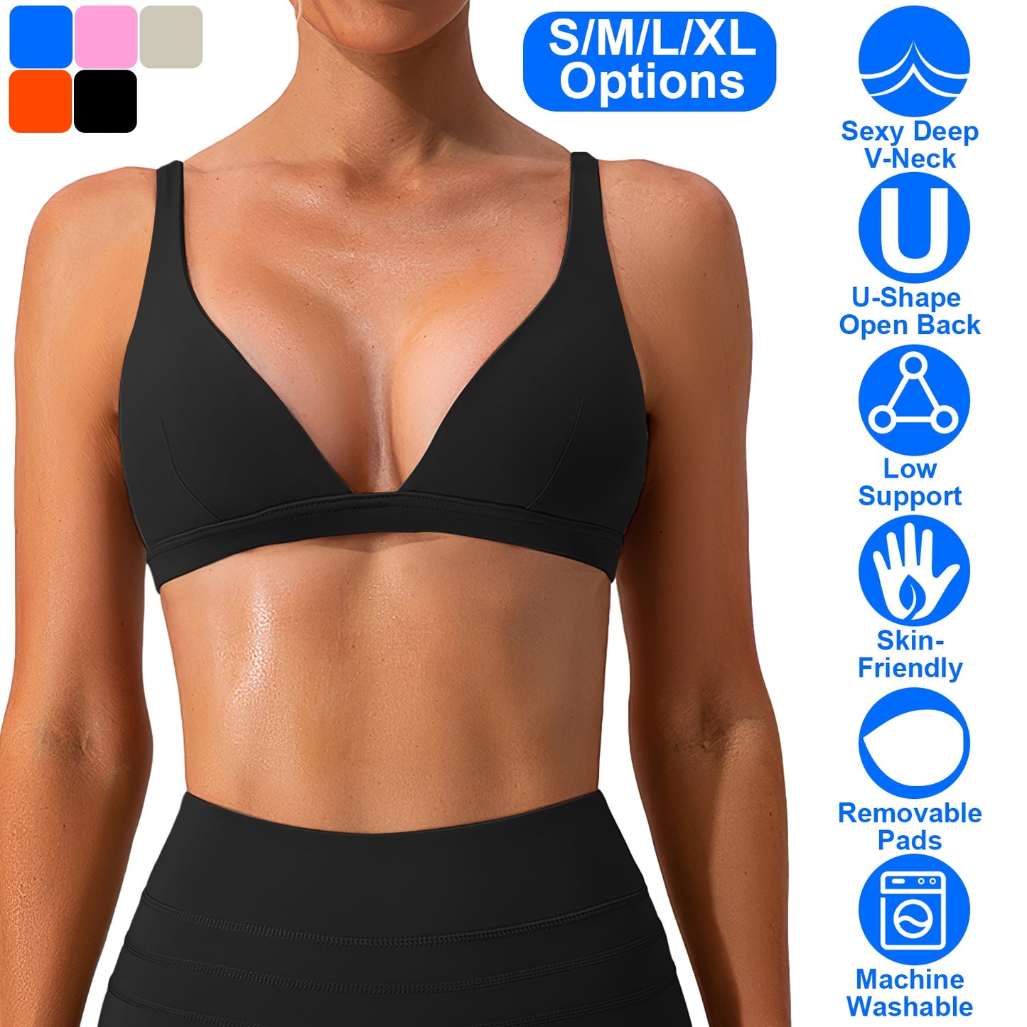 Women Deep V-Neck Sports Bras U-Shaped Back Sport Bras Padded Strappy Crop Open