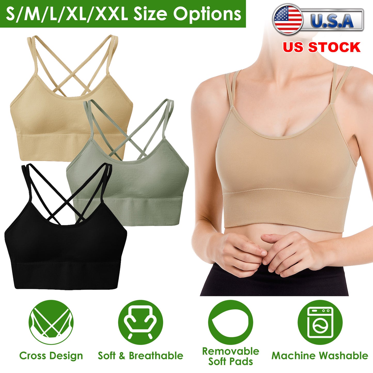 3Packs Women Cross Back Sport Bras Padded Strappy Medium Support Bras Sexy