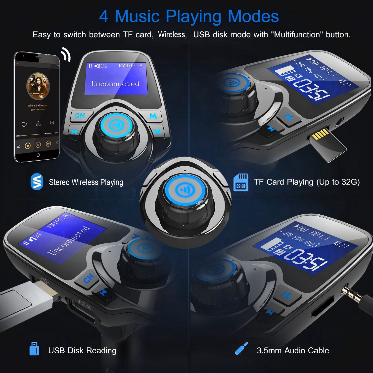 iMounTek Car Wireless FM Transmitter MP3 Player Hand-Free Call USB Charger AUX