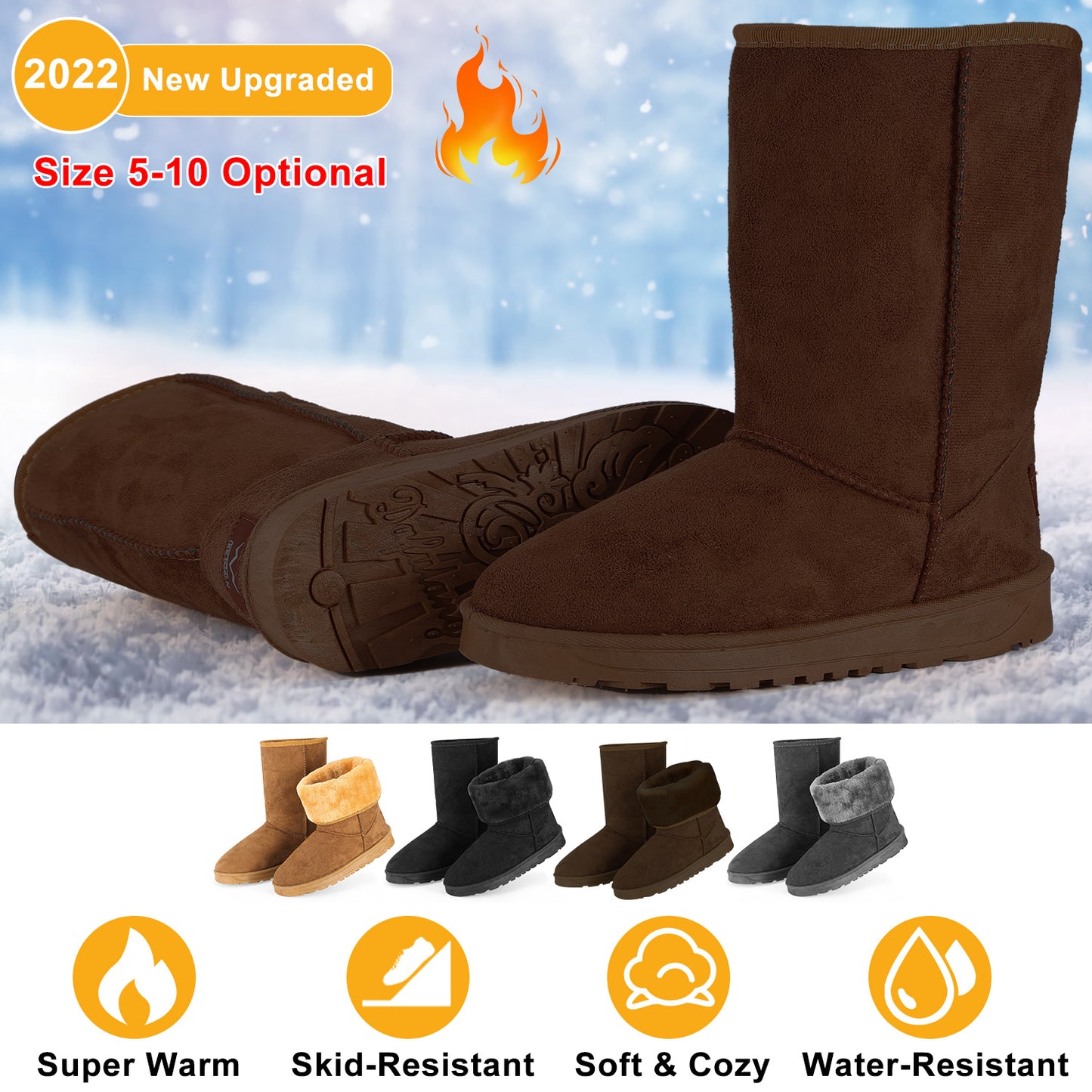 Women Ladies Snow Boots Waterproof Faux Suede Mid-Calf Boots Fur Warm Lining