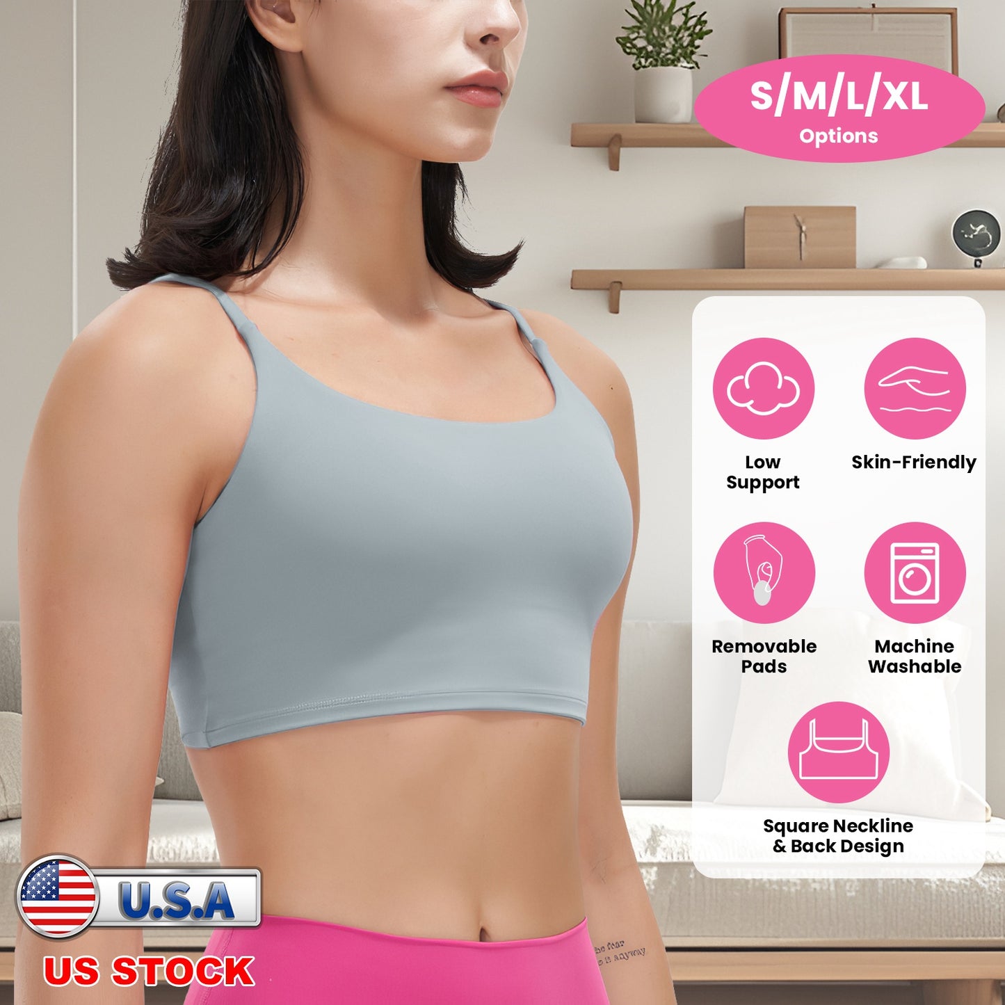 Women Strap Sport Bras Padded Strappy Crop Square Neck Low Impact Bras Sexy