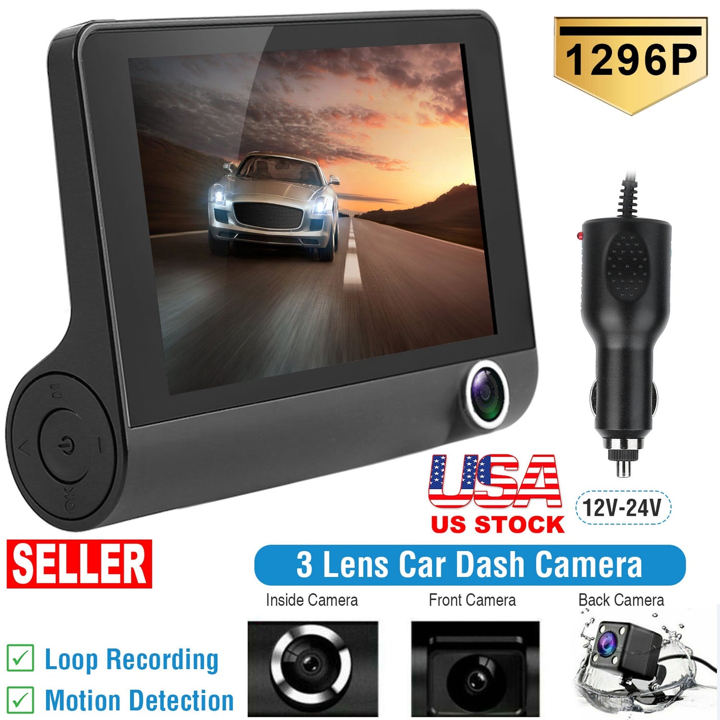 1296P Car DVR Dash Camera 4In 3 Lens Vehicle Driving Recorder Seamless