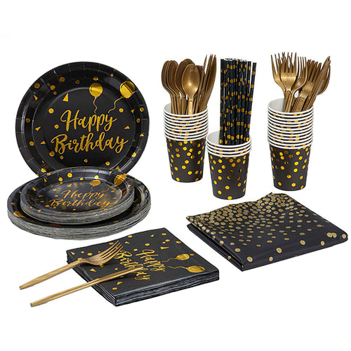 201PCS Black Gold Birthday Party Supplies For 25 Guests Happy Birthday