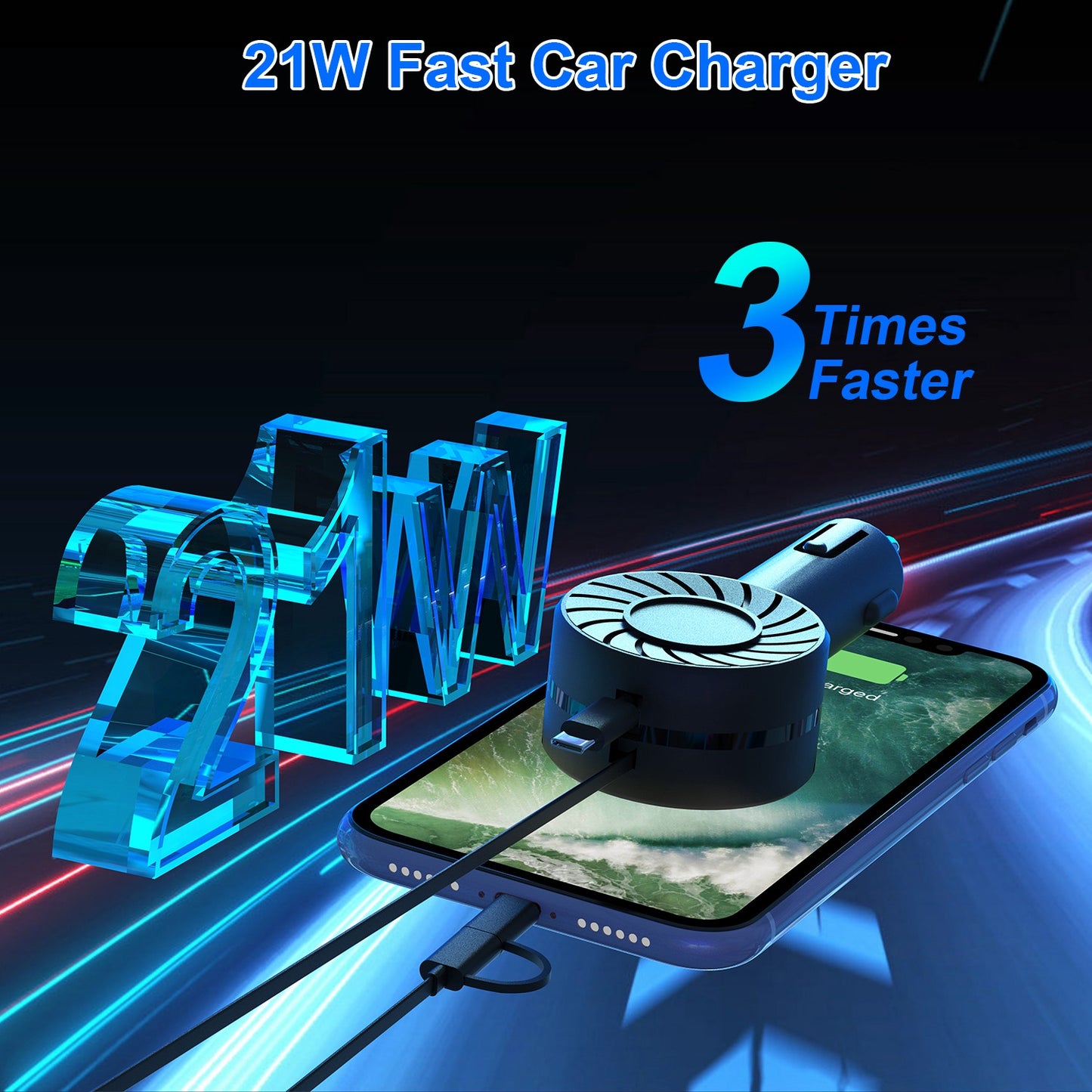 21W 3 In 1 Retractable Car Charger Fast Car Charger Mini Car Phone Charger with